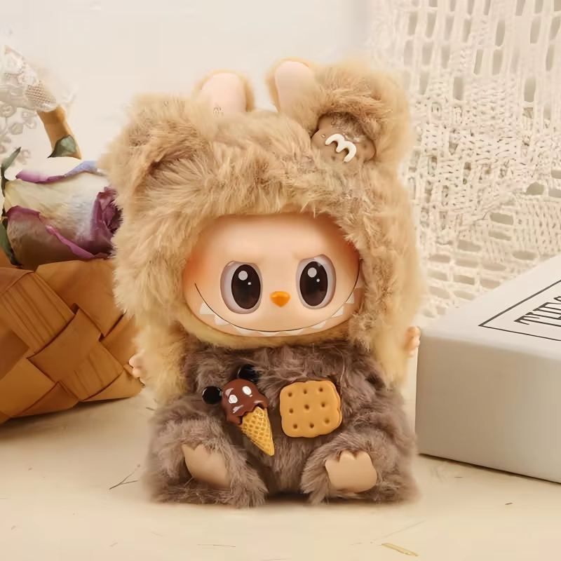 Doll Sitting Party Outfit with Exclusive Lafufu Clothes for 17cm Mini Plush Bears - Bib pants and overalls with bear accessories.